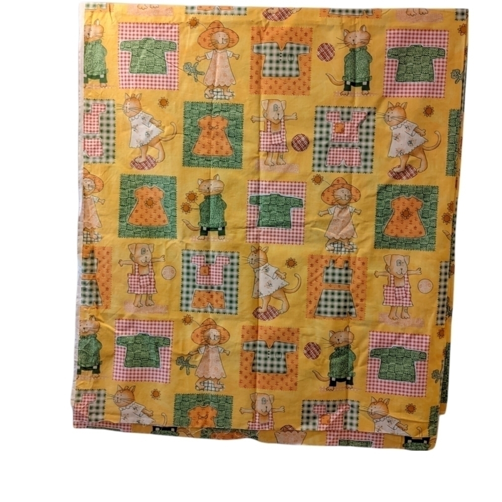 Yellow Patchwork Cat Dog Fabric 3 Yards 34” Grandma Core CottageCore Kids Kitsch